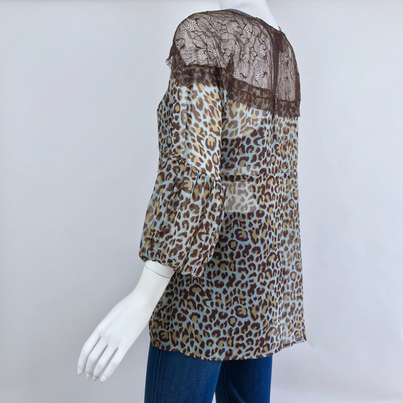 {BCBGMaxAzria} Blue Leopard Bell Sleeve Blouse - Picture 5 of 6